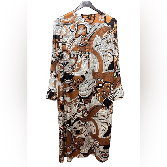 Mamoni Italian Silk V Neck Dress w 2 pockets in Bronze White & Black Size 40 EUC - Picture 2 of 9